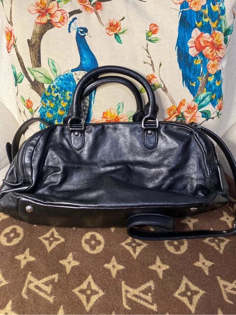 Miu Miu Triple Zip Black Croc Embossed Patent Leather Satchel